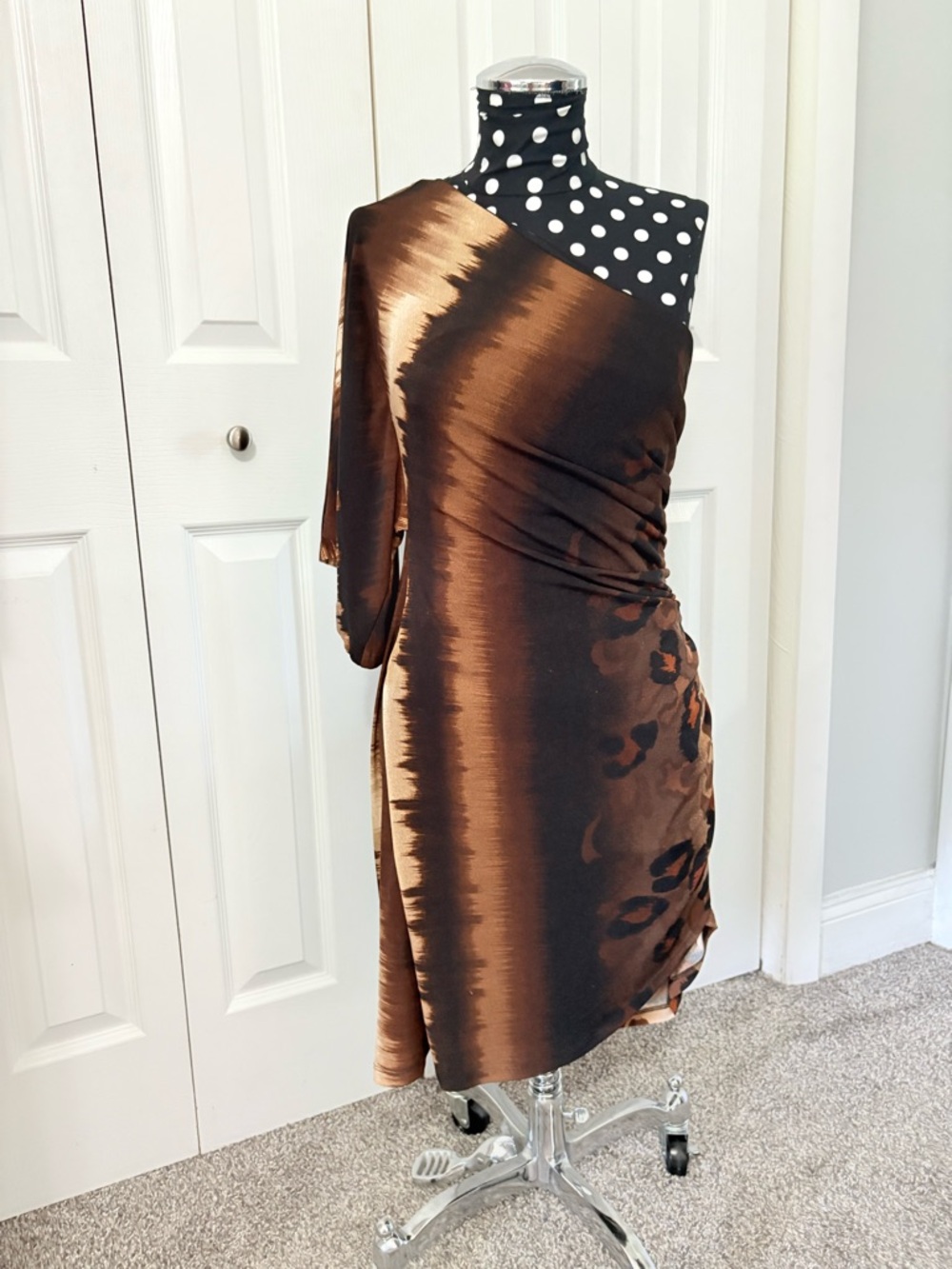 One-Shoulder Brown Tie-Dye & Animal Print Women’s Dress